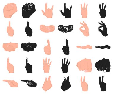 Set koleksiyonu tasarım için el jest çizgi film, siyah simgeler. Palmiye ve parmak sembol stok web illüstrasyon vektör.