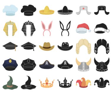 Şapka çeşitleri karikatür, set koleksiyonu tasarım için siyah simgeler. Headdress vektör simge stok web çizimi.