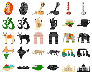 Set koleksiyonu tasarım için ülke Hindistan çizgi film, siyah simgeler. Hindistan ve dönüm noktası sembol stok web illüstrasyon vektör.