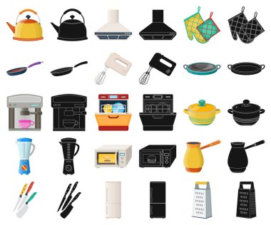 Set koleksiyonu tasarım için mutfak ekipman çizgi film, siyah simgeler. Sembol stok web illüstrasyon vektör mutfak ve aksesuarları.