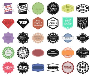 Set koleksiyonu tasarım için farklı etiket çizgi film, siyah simgeler. Dizin ve marka sembol stok web illüstrasyon vektör.