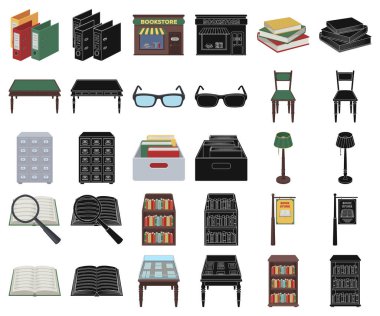 Set koleksiyonu tasarım için Kütüphane ve Kitabevi çizgi film, siyah simgeler. Kitap ve mobilyalar sembol stok web illüstrasyon vektör.
