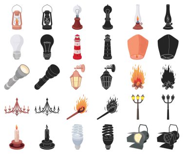 Set koleksiyonu tasarım için ışık kaynağı çizgi film, siyah simgeler. Işık ve ekipman sembol stok web illüstrasyon vektör.