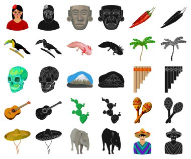 Set koleksiyonu tasarım için ülke Meksika çizgi film, siyah simgeler. Meksika ve dönüm noktası sembol stok web illüstrasyon vektör.