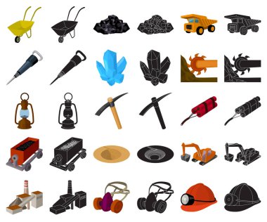 Siyah simgeler toplama tasarımı için set madencilik sanayi karikatür. Cihazlar ve sembol stok web illüstrasyon vektör.