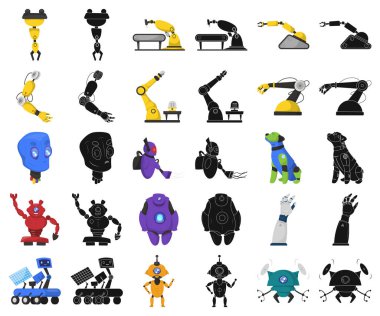 Robot ve fabrika simge vektör Illustration. Web için robot ve uzay hisse senedi simgesi kümesi.