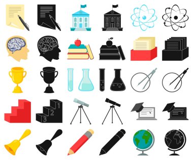 Set koleksiyonu tasarım için okul ve eğitim çizgi film, siyah simgeler. Üniversite, ekipman ve aksesuarları sembol stok web illüstrasyon vektör.