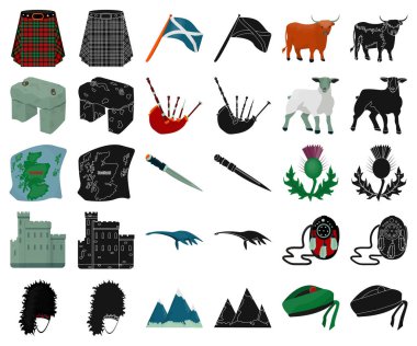 Set koleksiyonu tasarım için ülke İskoçya çizgi film, siyah simgeler. Gezi, kültür ve gelenek sembol stok web illüstrasyon vektör.