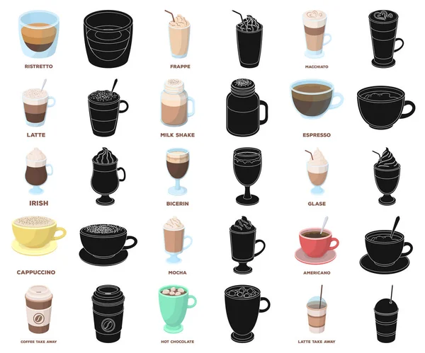 Diferentes tipos de desenhos animados de café, ícones pretos na coleção de conjuntos para design. Café bebida vetor símbolo web ilustração . —  Vetores de Stock