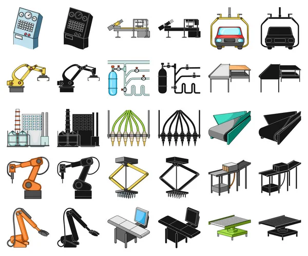 Attrezzature e cartoni animati a macchina, icone nere nella collezione di set per la progettazione.Progresso tecnico del simbolo vettoriale di fabbrica illustrazione web stock . — Vettoriale Stock