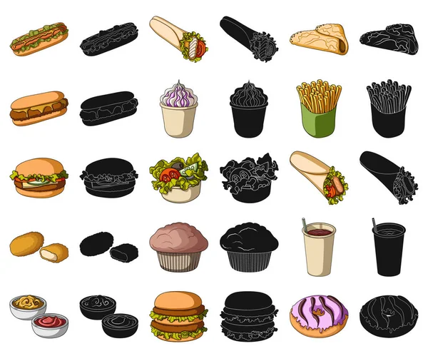 Fast food ikony kreskówka, czarny w kolekcja zestaw do projektowania. Żywności z półproduktów symbol web czas ilustracja wektorowa. — Wektor stockowy