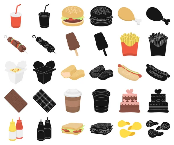 Dibujos animados de comida rápida, iconos negros en la colección de conjuntos para design.Food de productos semiacabados vector símbolo stock web ilustración . — Archivo Imágenes Vectoriales