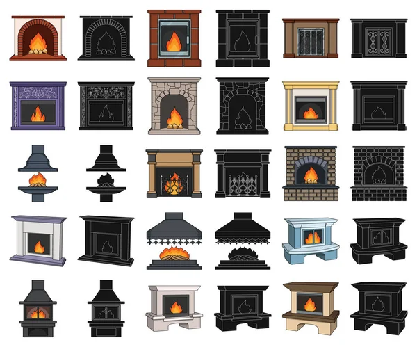 Различные Виды Каминов Мультфильм Черные Иконки Наборе Коллекции Design Fireplaces — стоковый вектор