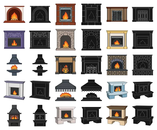 Diferentes Tipos Lareiras Desenhos Animados Ícones Pretos Coleção Conjuntos Para — Vetor de Stock