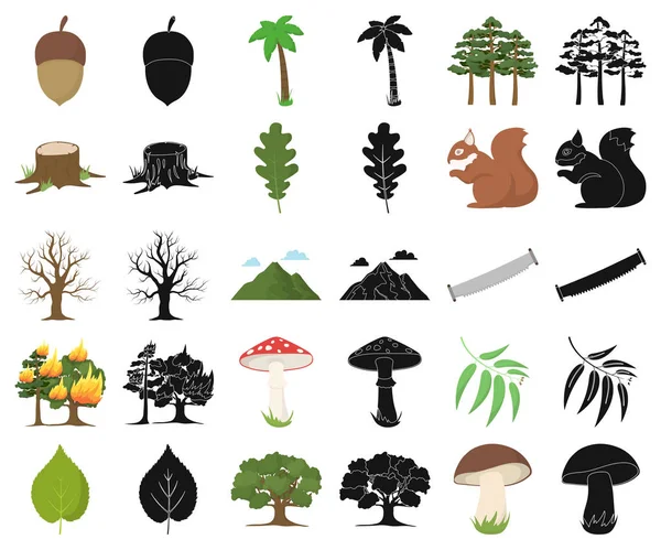 Εικονίδια γελοιογραφία, μαύρο δάσος και φύση σετ συλλογής για το σχεδιασμό. Δάσος ζωή διάνυσμα σύμβολο μετοχής web εικονογράφηση. — Διανυσματικό Αρχείο