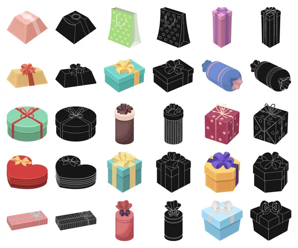 Set koleksiyonu tasarım için hediye ve paketleme çizgi film, siyah simgeler. Renkli ambalaj sembol stok web illüstrasyon vektör.