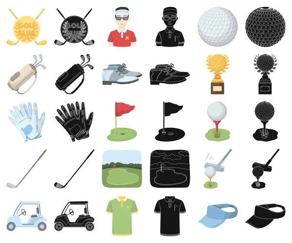 Golf en kenmerken tekenfilm, zwarte pictogrammen in set collectie voor design. Golfclub en apparatuur vector symbool voorraad web illustratie. — Stockvector