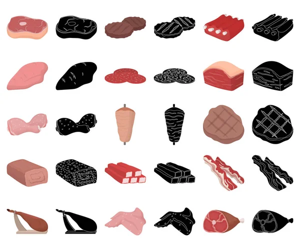 Különböző hús rajzfilm, fekete ikonok beállítása gyűjtemény a design. Húsipari termék vektor szimbólum állomány honlap illusztráció. — Stock Vector