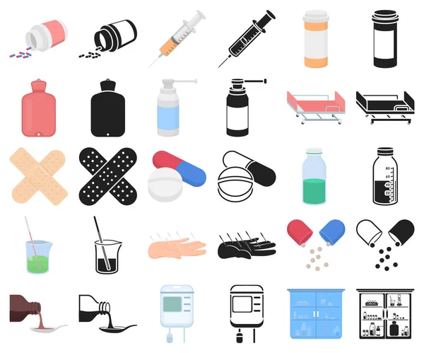 Medicine and treatment cartoon, black icons in set collection for design. Медикаменты и оборудование векторные символы веб-иллюстрации . — стоковый вектор