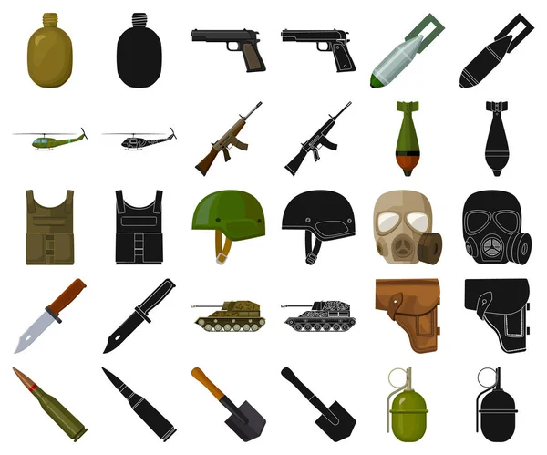 Ejército y armamento de dibujos animados, iconos negros en la colección de conjuntos para el diseño. Armas y equipo vector símbolo stock web ilustración . — Vector de stock