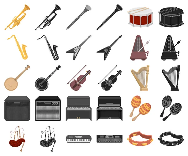 Musikinstrument, svart tecknad ikoner i set insamling för design. Sträng- och blåsinstrument vektor symbol lager web illustration. — Stock vektor
