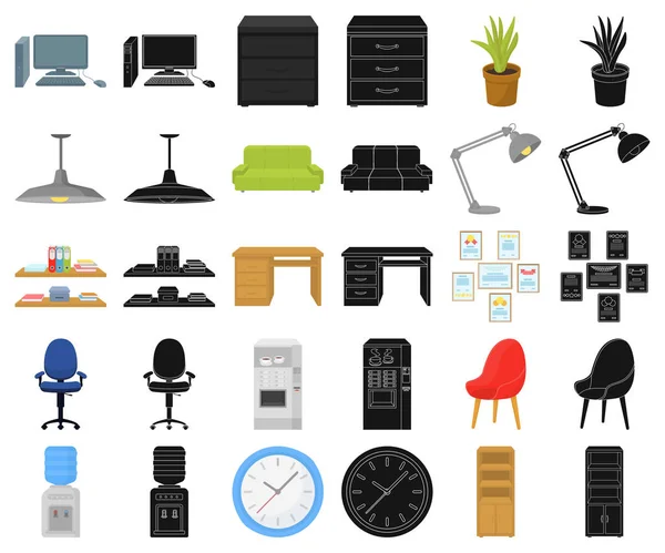 Intérieur de la bande dessinée de travail, icônes noires dans la collection set pour le design. Mobilier de bureau symbole vectoriel stock illustration web . — Image vectorielle