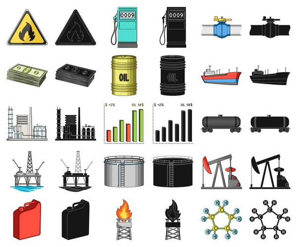 Caricature de l'industrie pétrolière, icônes noires dans la collection de set pour le design. Matériel et production d'huile symbole vectoriel stock illustration web . — Image vectorielle