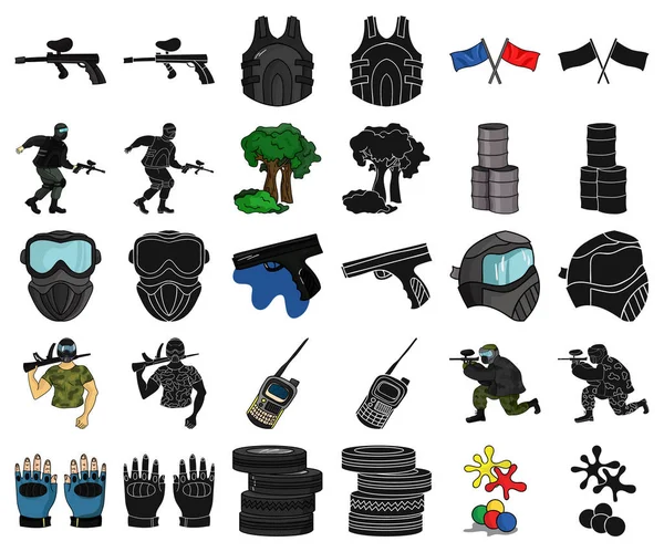 Пейнтбол, мультипликация командной игры, черные иконки в коллекции наборов для дизайна. Иллюстрация векторных символов оборудования и снаряжения . — стоковый вектор