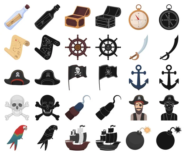 Pirata, caricatura de ladrones de mar, iconos negros en la colección de conjuntos para el diseño. Tesoros, atributos vector símbolo stock web ilustración . — Vector de stock