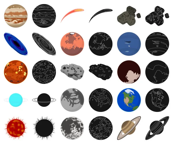 Planetas del sistema solar de dibujos animados, iconos negros en la colección de conjuntos para el diseño. Cosmos y astronomía vector símbolo stock web ilustración . — Vector de stock