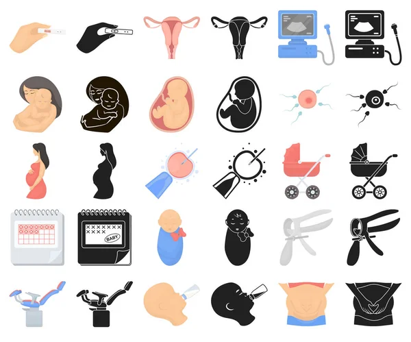Kvinna och graviditet, svart tecknad ikoner i set insamling för design. Gynekologi och utrustning vektor symbol lager web illustration. — Stock vektor