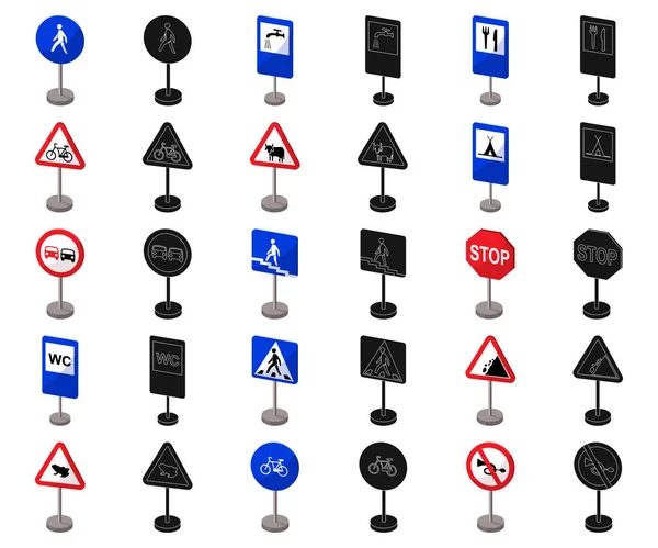 Different types of road signs cartoon,black icons in set collection for design. Warning and prohibition signs vector symbol stock web illustration. — Stock Vector