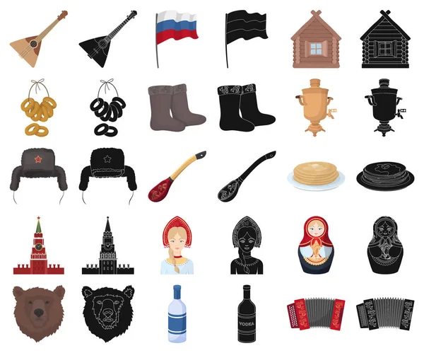 País Rússia, desenhos animados de viagem, ícones pretos em coleção de conjuntos para design. Atrações e características símbolo vetorial ilustração web . — Vetor de Stock