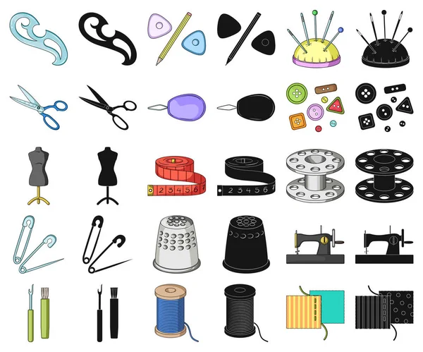 Dikiş, atelier çizgi film, set koleksiyonu tasarım için siyah simgeler. Araç kiti vektör simge stok web çizim.