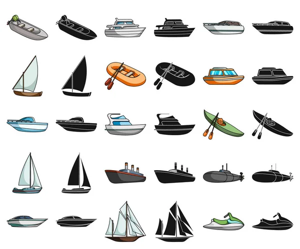 Dessin animé sur l'eau et le transport maritime, icônes noires dans la collection set pour le design. Divers bateaux et navires symbole vectoriel stock web illustration . — Image vectorielle