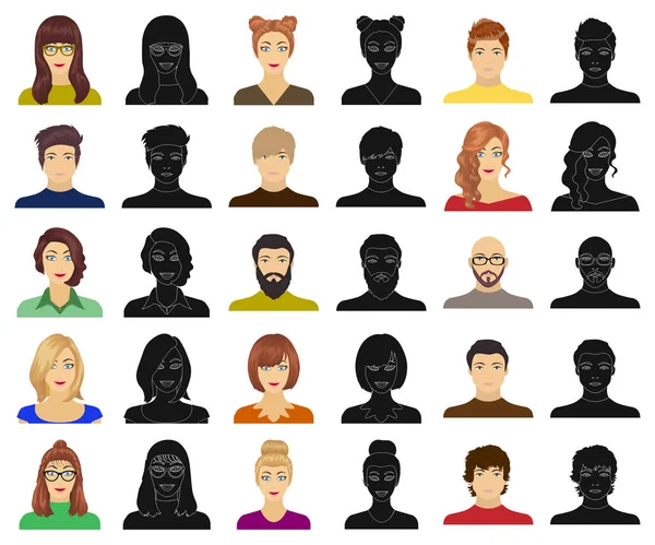 Avatar y la cara de dibujos animados, iconos negros en la colección de conjuntos para el diseño. Una persona apariencia vector símbolo stock web ilustración . — Vector de stock