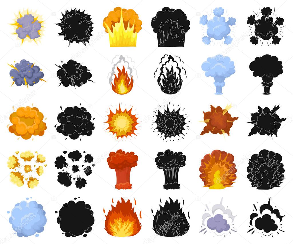 Different explosions cartoon,black icons in set collection for design.Flash and flame vector symbol stock  illustration.