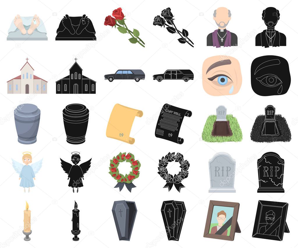 Funeral ceremony cartoon,black icons in set collection for design. Funerals and Attributes vector symbol stock  illustration.