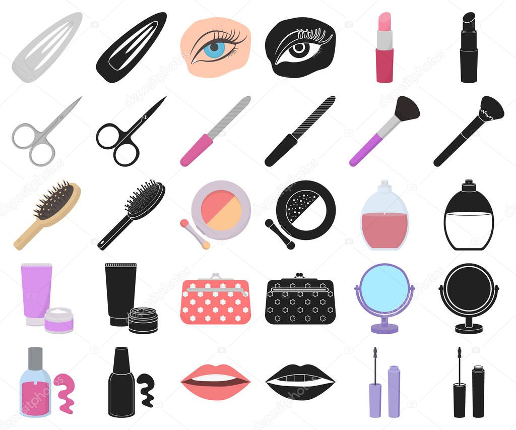Makeup and cosmetics cartoon,black icons in set collection for design. Makeup and equipment vector symbol stock web illustration.