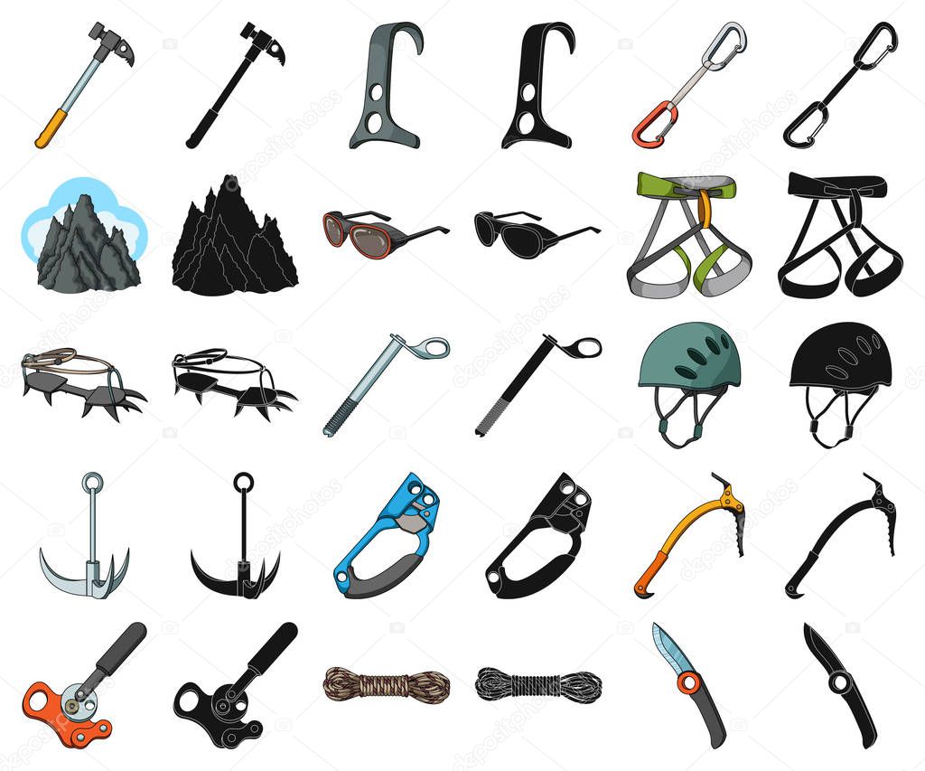 Mountaineering and climbing cartoon,black icons in set collection for design. Equipment and accessories vector symbol stock web illustration.