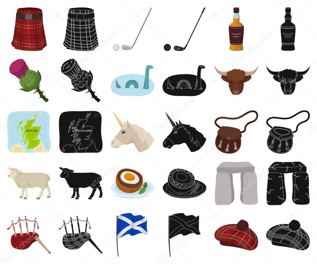 Country Scotland cartoon,black icons in set collection for design. Sightseeing, culture and tradition vector symbol stock  illustration.