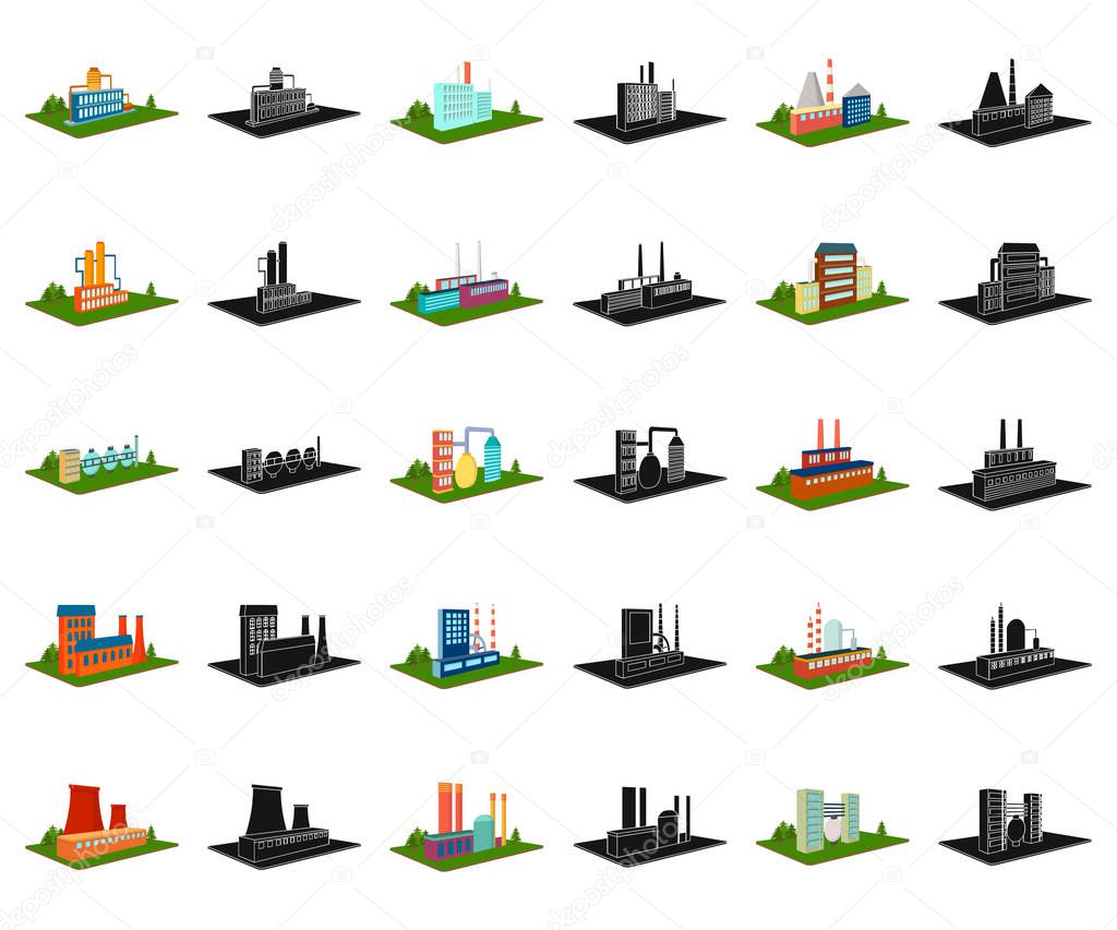 Factory and plant cartoon,black icons in set collection for design. Production and enterprise vector isometric symbol stock  illustration.