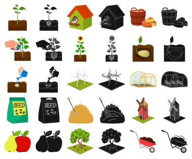 Set koleksiyonu tasarım için çiftlik ve tarım çizgi film, siyah simgeler. Bahçe ve bitki izometrik vektör simge stok web çizim.