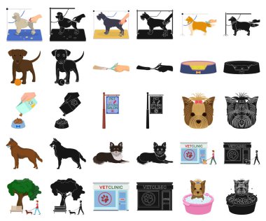 Set koleksiyonu tasarım için evde beslenen hayvan çizgi film, siyah simgeler. Bakım ve eğitim sembol stok web illüstrasyon vektör.