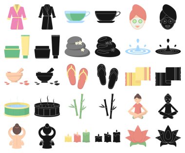 Set koleksiyonu tasarım için spa salonu ve ekipmanları çizgi film, siyah simgeler. Rahatlama ve dinlenme sembol stok web illüstrasyon vektör.