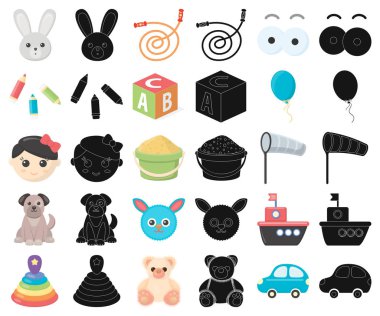 Çocuk çizgi film, siyah simgeler set koleksiyonu tasarım için oyuncak. Oyun ve önemsiz şey sembol stok web illüstrasyon vektör.