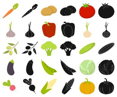 Sebze çeşitleri karikatür, set koleksiyonu tasarım için siyah simgeler. Sembol stok web illüstrasyon vektör sebze ve vitaminler.