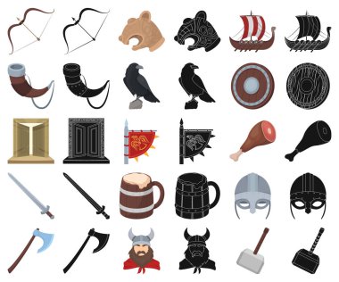 Vikingler ve öznitelikleri çizgi film, siyah set koleksiyonu tasarım için simgeler. Eski İskandinav savaşçı vektör simge stok web çizimi.