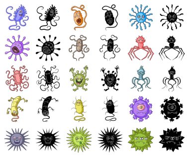 Komik mikrop türleri karikatür, set koleksiyonu tasarım için siyah simgeler. Patojenik mikroplar sembol stok web illüstrasyon vektör.