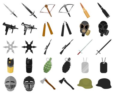 Silah, çeşitli karikatür, set koleksiyonu tasarım için siyah simgeler. Ateşli silahlar ve kanatlı silah sembol stok illüstrasyon vektör.